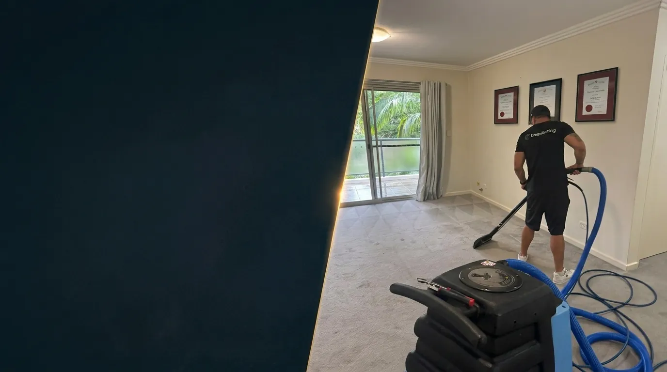 Cleaner vacuuming a living room carpet